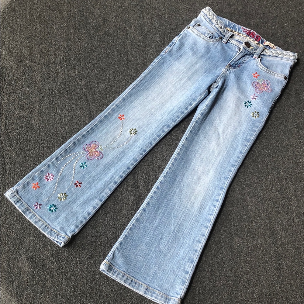 Children’s Place Girls Light Blue Adjustable Waist Flare Jeans Rhinestone Size 6